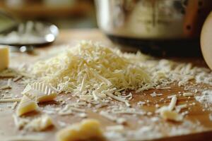 Grated parmesan cheese on wooden table photo