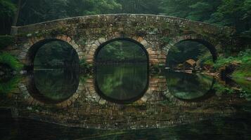 Enchanting stone bridge reflecting in serene forest lake photo