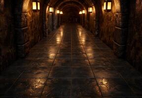 Mysterious dimly lit hallway with arched ceiling and lanterns photo