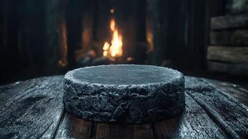 Cozy winter scene with a stone slab on a wooden table in front of a fireplace photo