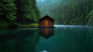 Serene wooden cabin reflected in tranquil forest lake photo