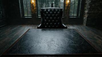 Elegant black leather armchair in front of large windows photo