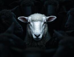 Closeup portrait of a white sheep with black sheep in the background photo