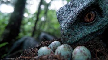 close up of a colorful chameleon guarding its nest of eggs photo