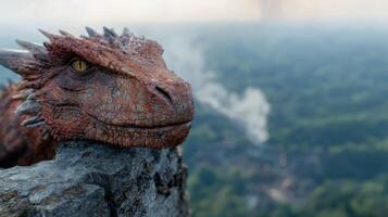 Closeup of a rugged dragon like creature on a rocky cliff photo