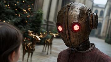 Mysterious robot figure in front of christmas tree photo