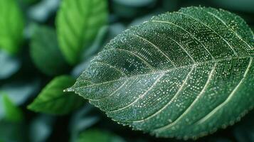 Macro shot of a wet green leaf with intricate patterns photo