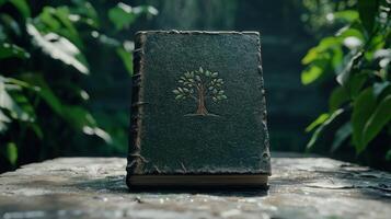 ancient leather bound book with tree of life emblem in forest photo