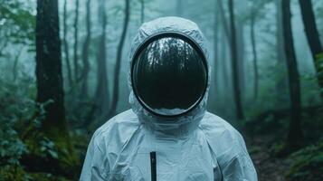 Mysterious figure in a white protective suit exploring a dark forest photo