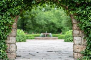 Lush garden path with stone archway and fountain photo