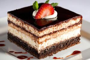 Delicious chocolate layered cake with fresh strawberry photo