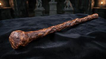 ancient fossilized bone on dark fabric photo