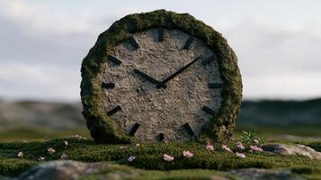 natural stone clock in a moss covered landscape photo