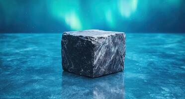Glowing ice cube floating in the arctic ocean photo