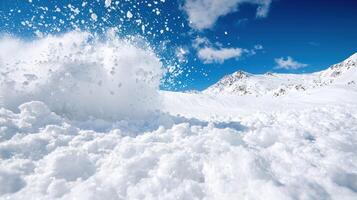 Snowy mountain landscape with blowing snow photo
