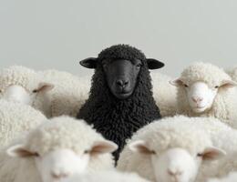 Flock of sheep with black sheep in the center photo