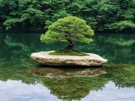 Serene bonsai tree floating on a tranquil pond photo