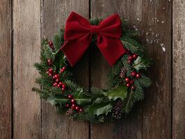 festive christmas wreath with red bow on rustic wooden door photo
