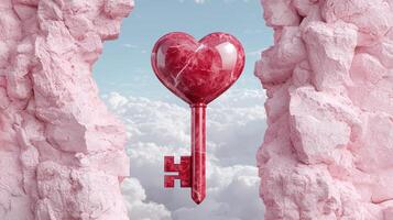 heart shaped key floating in clouds photo