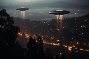 Mysterious UFOs hovering over a mountain town at night photo