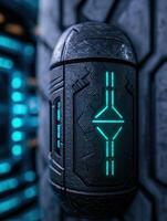 Futuristic sci fi helmet with glowing neon lights photo