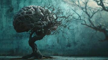 Twisted tree with brain like branches in dark, moody forest photo