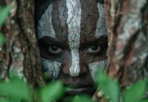 Mysterious eyes peering through tree bark photo
