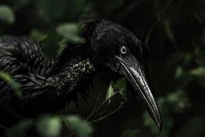 close up of a black raven with a leaf in its beak photo