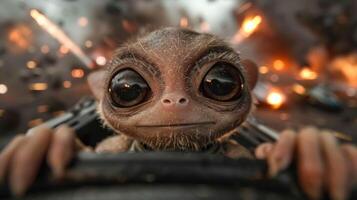 close up of a cute furry creature with large eyes photo