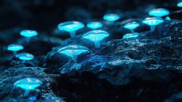 Glowing mushrooms in the dark forest photo