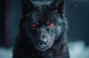 Intense gaze of a black wolf with glowing red eyes in the snow photo