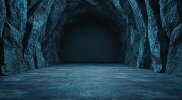 Mysterious dark cave with glowing blue water photo