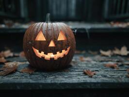 tallado calabaza con brillante ojos y boca en de madera superficie foto