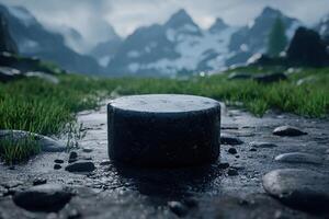 Serene mountain landscape with a black stone in the foreground photo