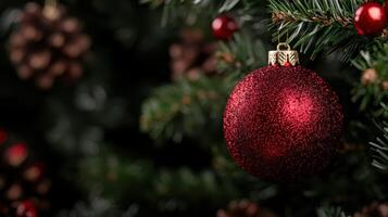 espumoso rojo Navidad ornamento en pino árbol foto