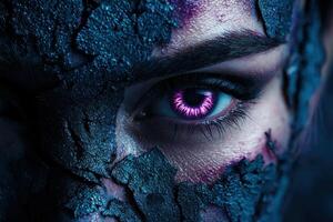 Captivating close up of a mysterious eye with vibrant purple iris photo