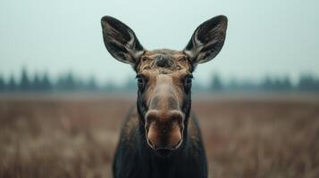 Close up portrait of a curious moose in a misty forest photo