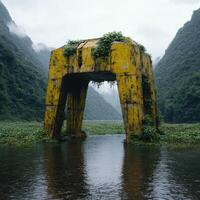 Abandoned structure in misty mountain landscape photo