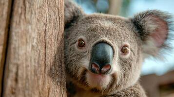 close up of a curious koala peeking out from behind a tree photo