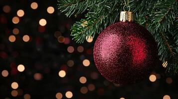espumoso rojo Navidad ornamento en pino árbol rama foto