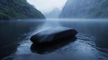Futuristic black submarine floating on serene lake surrounded by mountains photo