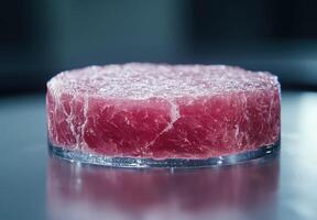 Close up of a raw, pink meat steak on a reflective surface photo