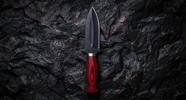 Mysterious black dagger against dark rock background photo