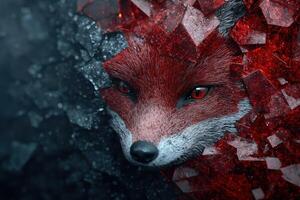 Fierce red fox with glowing eyes and shattered glass photo