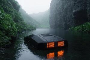 Futuristic vehicle navigating through a mysterious, lush jungle landscape photo