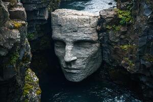 Mysterious stone face carved into rocky cliff overlooking turbulent waters photo