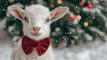 adorable white lamb with red bow in snowy winter scene photo