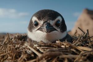Adorable penguin chick in nest photo