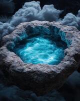 Mysterious ice cave with glowing blue water photo