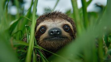 close up of a curious sloth peeking through the leaves photo